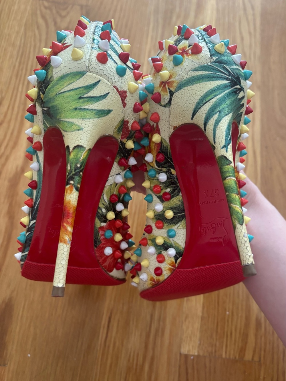 Christian Louboutin Hawaii Multicolor Follies Spike 120 Pointed Toe Pump 37.5 - Picture 5 of 11